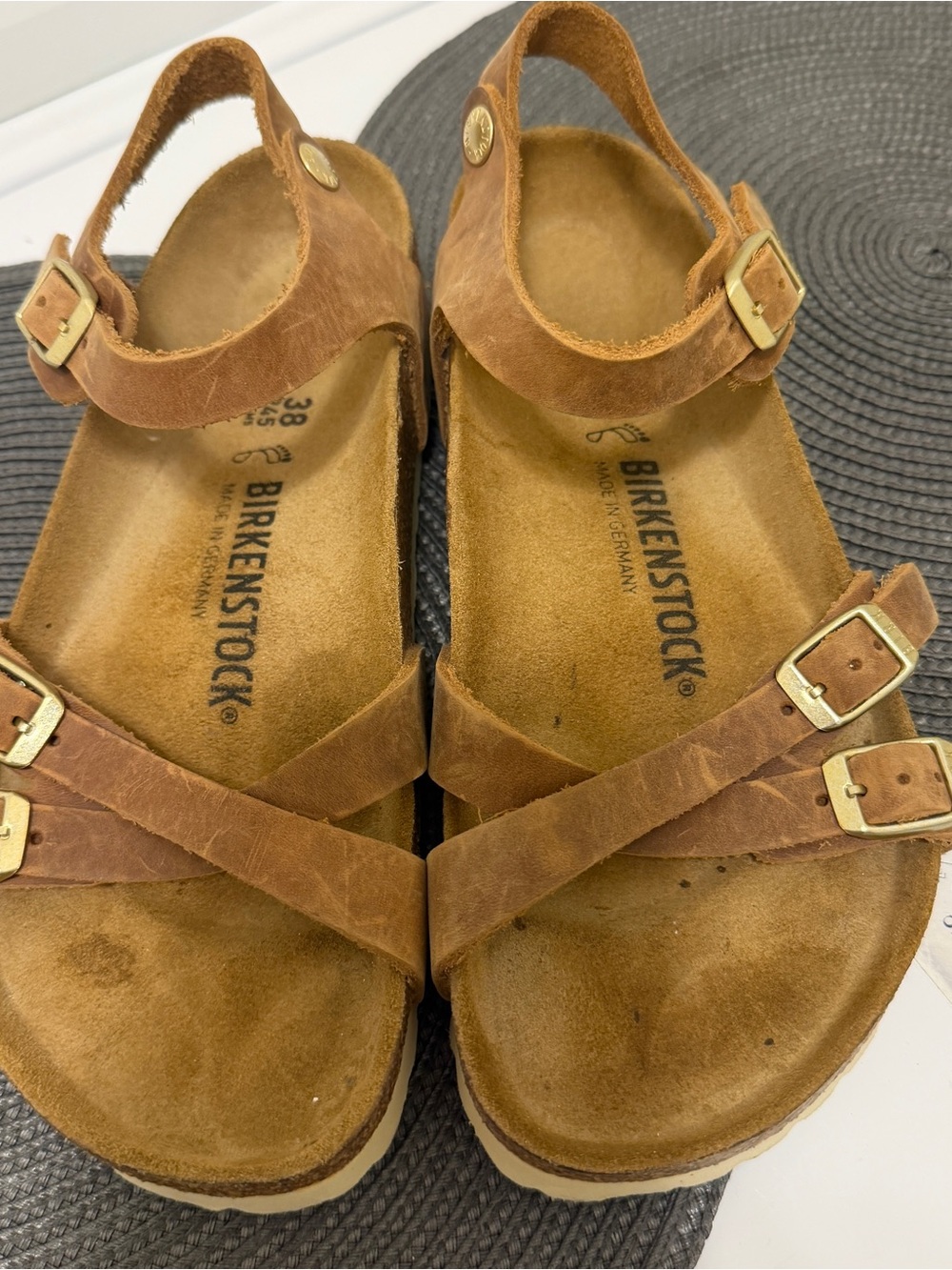 Birkenstock Women's Brown Suede Strappy Sandals with Gold Buckles